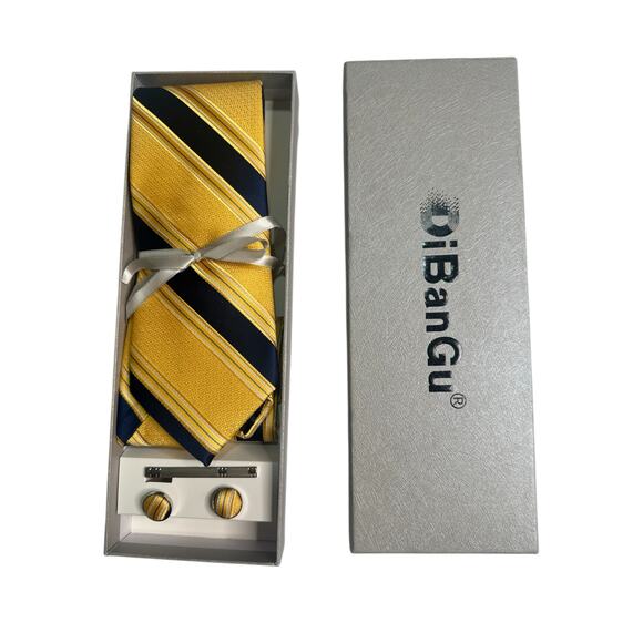 DiBanGu Gold Navy Blue Striped Tie Set with Cufflinks & Pocket Square Gift Box - Picture 7 of 8